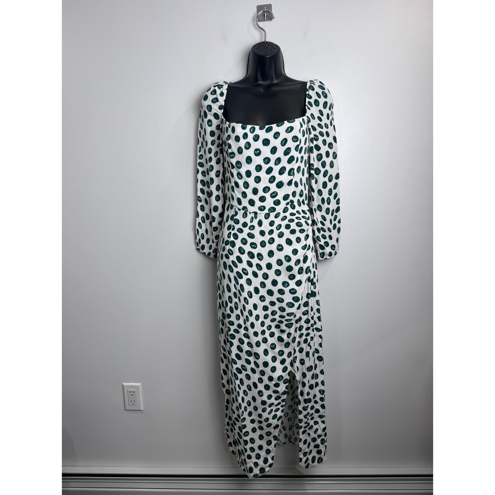 Reformation Women Hilda White Green Polka Dot Midi Dress Square Neck Slit Size 8